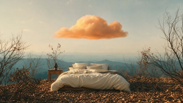 Surreal bedroom scene set in an autumn landscape with a comfortable bed and nightstand outdoors under a single orange cloud.