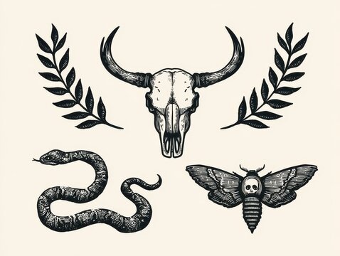 Vintage engraving style set of bull skull, snake, deathshead hawkmoth and laurel branches