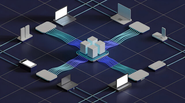 Central server unit with blue cable connections for data network.