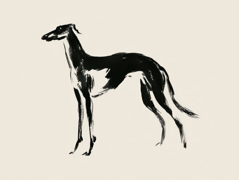 Minimalist ink wash painting of a greyhound dog, side profile, artistic brush strokes on a light cream background