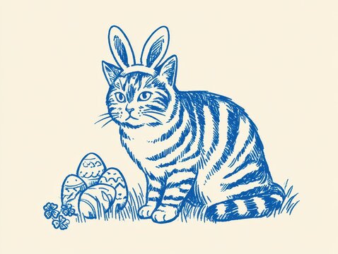 Cute tabby cat wearing bunny ears headband with easter eggs in grass