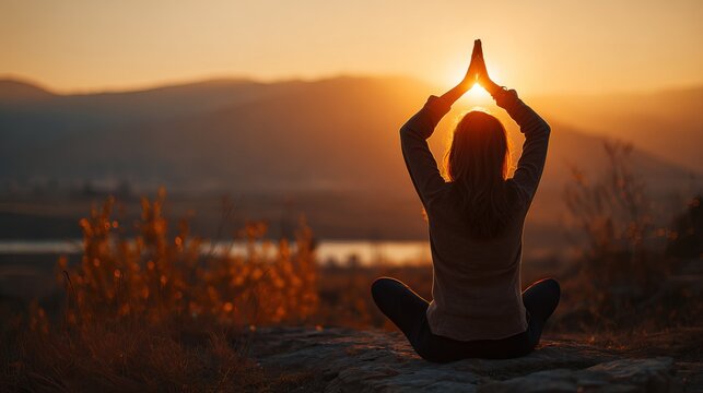 Back view of woman meditating in yoga pose catching sunset sun outdoors
