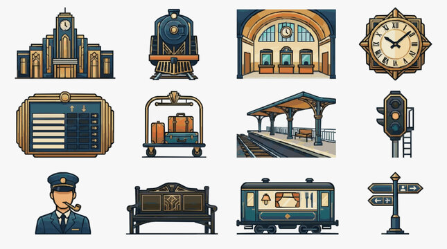Creative Vintage Style Set of Train Station Icons and Elements in Warm Blue Gold and Brown Color Palette