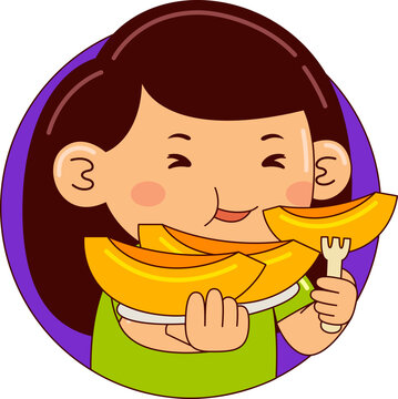 Cartoon Illustration of Child Eating Fresh Fruit