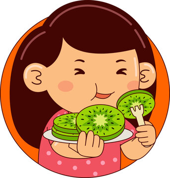 Cartoon Illustration of Child Eating Fresh Fruit
