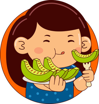 Cartoon Illustration of Child Eating Fresh Fruit