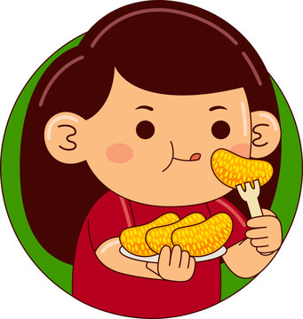 Cartoon Illustration of Child Eating Fresh Fruit