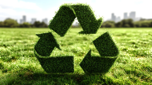 Green recycling symbol shaped from fresh green grass lawn
