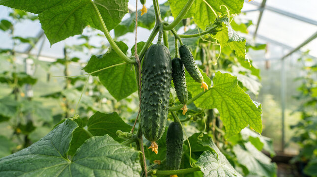 Green cucumbers growing on vines inside a commercial glass greenhouse