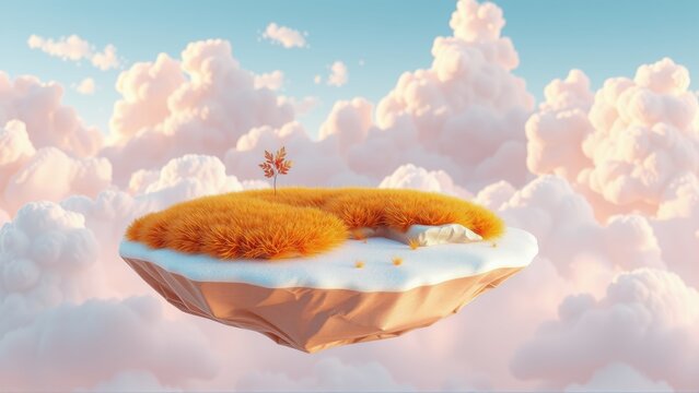 Floating island covered with orange moss, small tree. Soft pink clouds surround it. Dreamlike scene, peaceful atmosphere.
