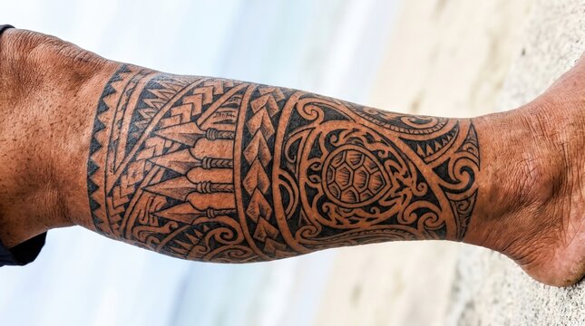 Traditional Polynesian tribal tattoo on male leg