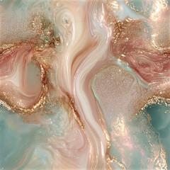 Obraz premium Seamless luminous pastel marble pattern featuring flowing rose gold and teal with elegant glittering texture
