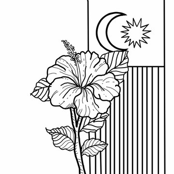 Hibiscus Bunga Raya with Malaysian Flag Jalur Gemilang Coloring Page for Kids