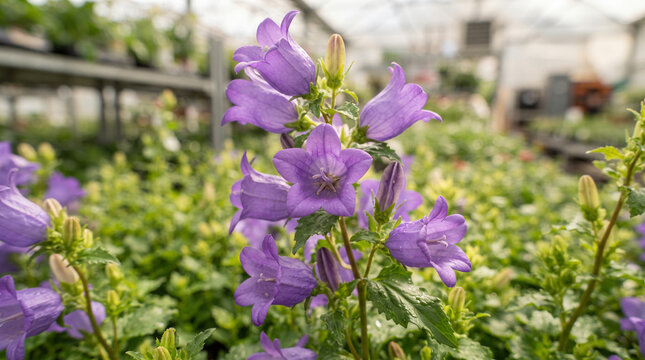 Purple bellflowers blooming in a commercial plant nursery greenhouse interior