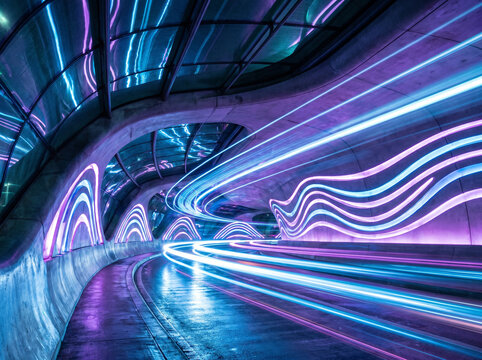 Futuristic Neon Light Trails Streaking Through Cyberpunk Tunnel, High-Speed Data Flow and Advanced Technology Concept