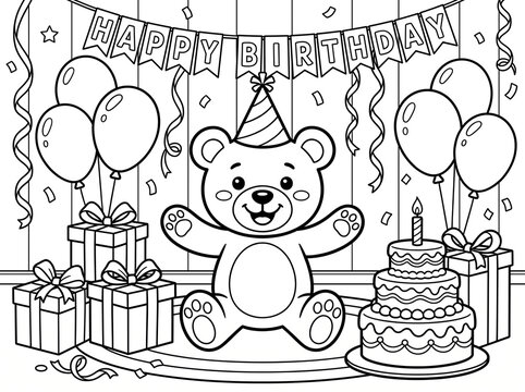 Cute Birthday Teddy Bear Coloring Page with Balloons and Cake for Kids Activity