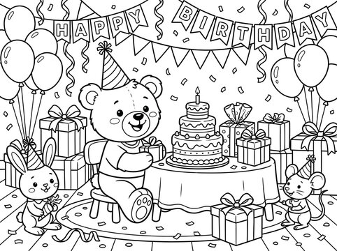Cute Teddy Bear and Animal Friends Celebrating Birthday Party with Cake and Gifts, Kids Coloring Page Vector Line Art Illustration