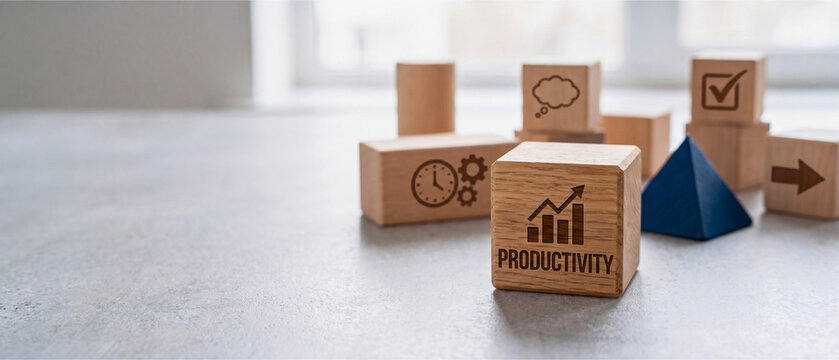 Productivity concept with wooden blocks showing chart, checkmark and arrow icons for business efficiency and workflow improvement