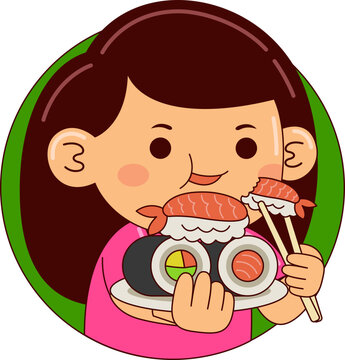 Cartoon Illustration of Child Eating Japan Food