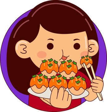 Cartoon Illustration of Child Eating Japan Food
