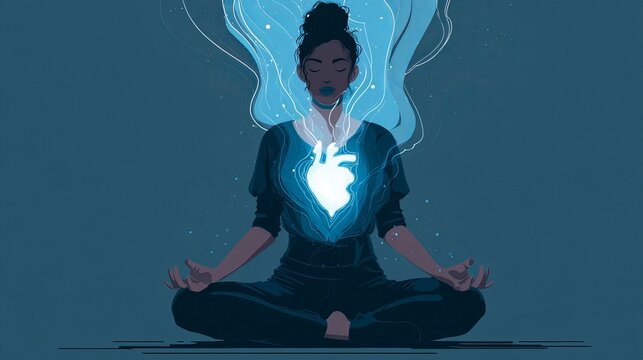 Person meditating with flowing energy and heart chakra spiritual concept