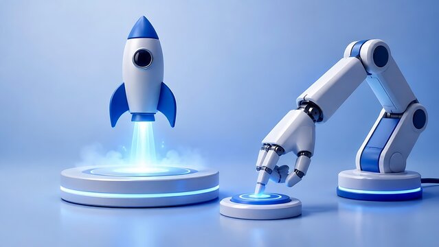 Industrial robotic arm pressing a button to launch a 3D space rocket illustrating automated startup acceleration and smart business growth