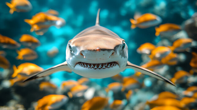 Great white shark swimming directly forward underwater
