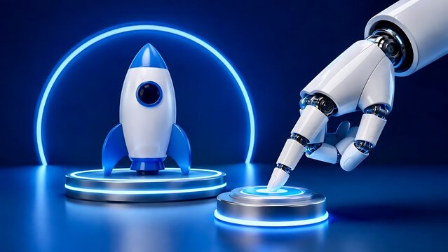 Sleek robotic hand pressing a glowing start button beside a space rocket representing high tech startup launch and artificial intelligence innovation