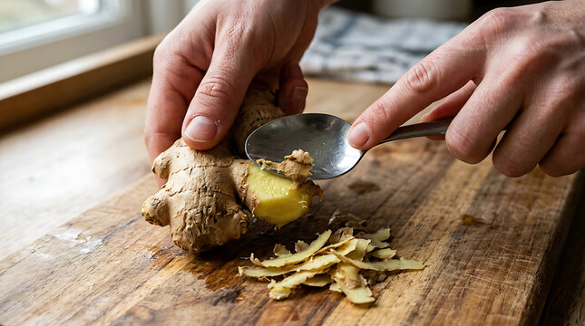 Close-up of Hands Peeling Fresh Ginger Root with a Spoon on Wooden Cutting Board for Culinary Content