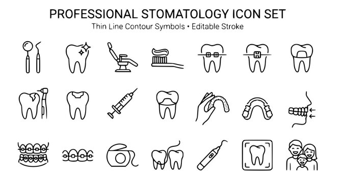 Professional dental care and stomatology linear icon set with orthodontic treatment and tooth care symbols