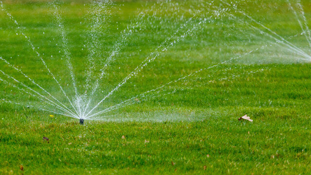 Lawn sprinkler system waters large green grass area