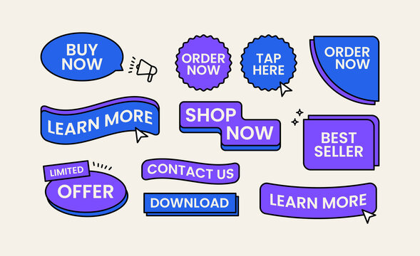 Modern Call to Action UI Elements Set, Buy Now, Order Now, Learn More, Contact Us, Download, Best Seller, Offer Buttons Collection