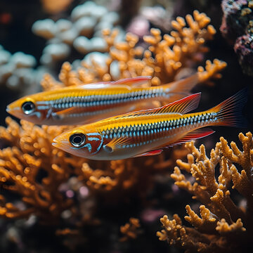 Small colorful tropical fish swimming among coral reef underwater