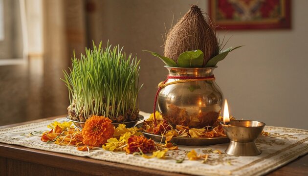 Festive kalash with sprouts and diya on Navratri altar