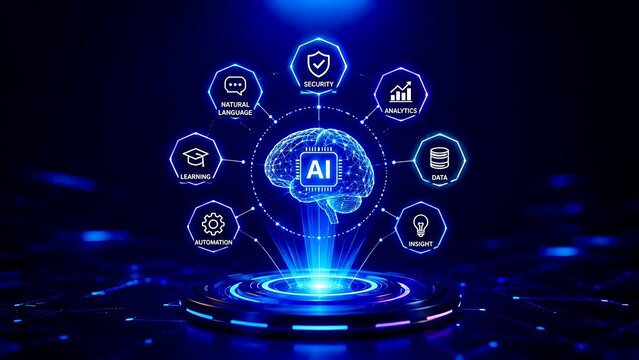 Glowing holographic artificial intelligence brain projection displaying a network of machine learning capabilities like automation data analytics and natural language processing