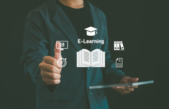 E-learning and digital education concept with a business professional using a tablet and interactive learning icons, representing online courses, knowledge, training, certification, and career growth.