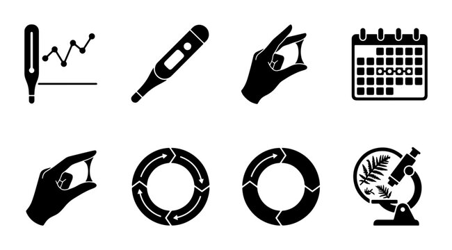 Fertility Tracking Icons: Ovulation, Temperature, Calendar, Microscope, Cycle Icons