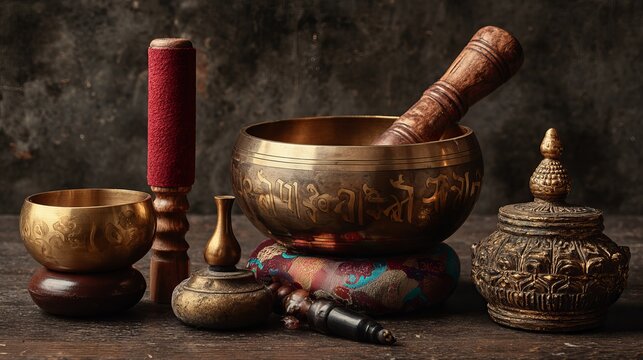 Tibetan singing bowl and spiritual ritual instruments for meditation
