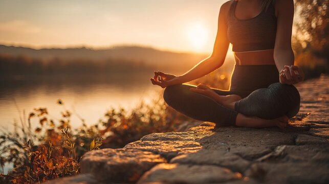 Woman meditating in lotus pose by a peaceful lake at sunset, surrounded by nature, calm water, and scenic landscape
