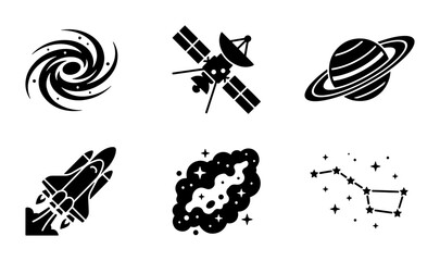 Space Icons Set: Galaxy, Satellite, Saturn, Rocket, Nebula, Constellation Vector Graphics © Sozib