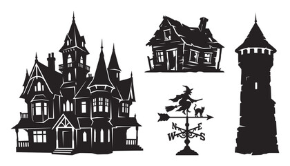 Fototapeta premium Spooky Halloween Silhouette Set with Haunted Mansion Gothic Victorian House Creepy Shack Witch Weather Vane and Old Stone Tower Vector
