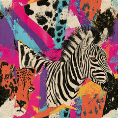 Obraz premium Colorful maximalist animal print collage with zebra and leopard patterns in vibrant abstract background