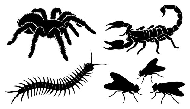 Creepy Insect and Arachnid Silhouette Set with Hairy Spider, Venomous Scorpion, Multi Legged Centipede, and Flying Houseflies Graphics Collection Vectors