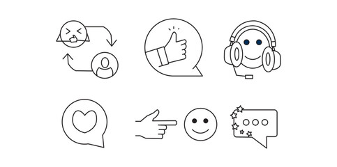 Fototapeta premium Customer Service and Review Icons, Call Center Support, Heart Speech Bubble, and Emoji Line Art Collection. 