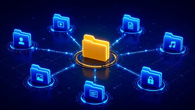Centralized glowing orange master folder connected to surrounding blue digital file folders illustrating secure data management and cloud storage network architecture