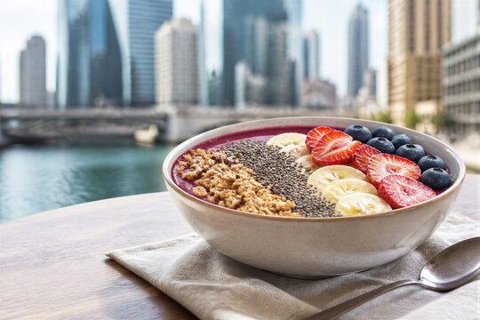 Smoothie bowl topped with fruit and granola on urban waterfront table