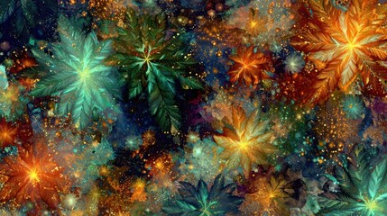 Fototapeta premium Vibrant Abstract Digital Fractal Art with Glowing Starburst Patterns and Cosmic Colors.