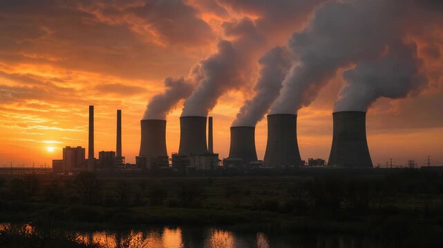 Power plant industrial pollution smoke at sunset, climate change environment impact with cooling tower skyline, river reflection and air pollution
