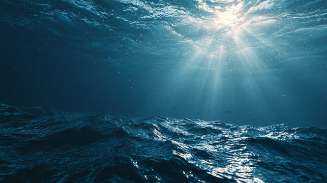 Deep blue underwater sea view with surface waves and light rays penetrating dark ocean water for aquatic environment background.