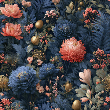 Luxurious maximalist botanical pattern with richly detailed blue and coral flowers and golden accents creating elegant floral